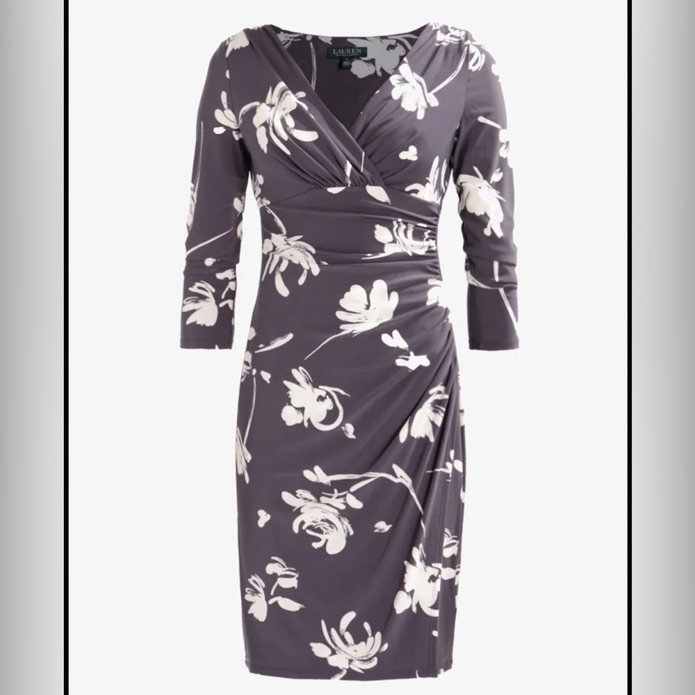 Ralph Lauren Charcoal Gray Floral Wrap Midi Dress with White Print